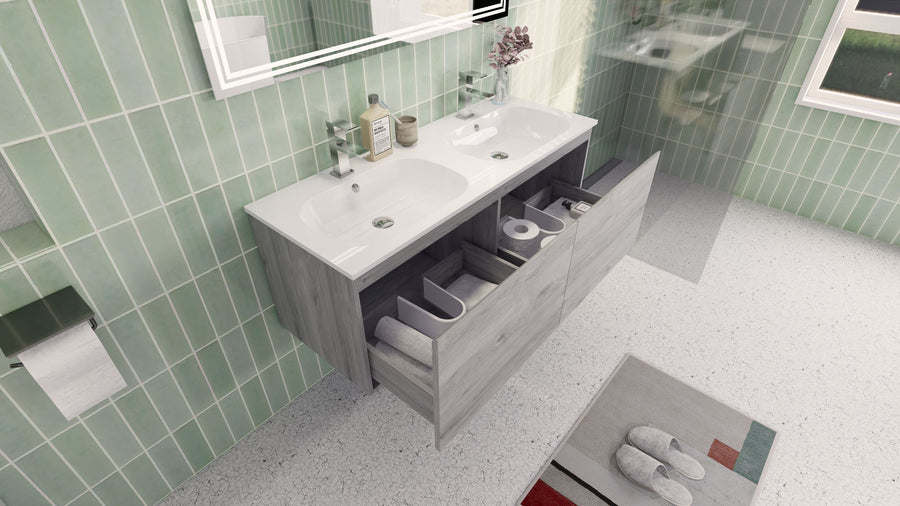 AIPO 48 Inch Double Sink Wall Mounted Vanity with PVC Sink