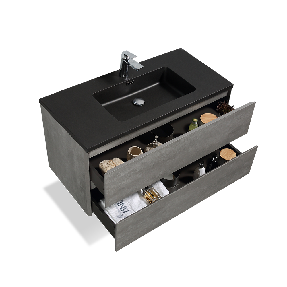 Ada-Wall Mounted Bathroom Vanity with Black Quartz Integrated Top and Sink