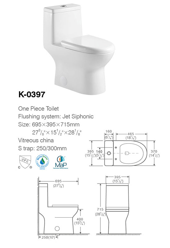 K-0397 One Piece 28"Toilet Dual Flush 10“ Rough