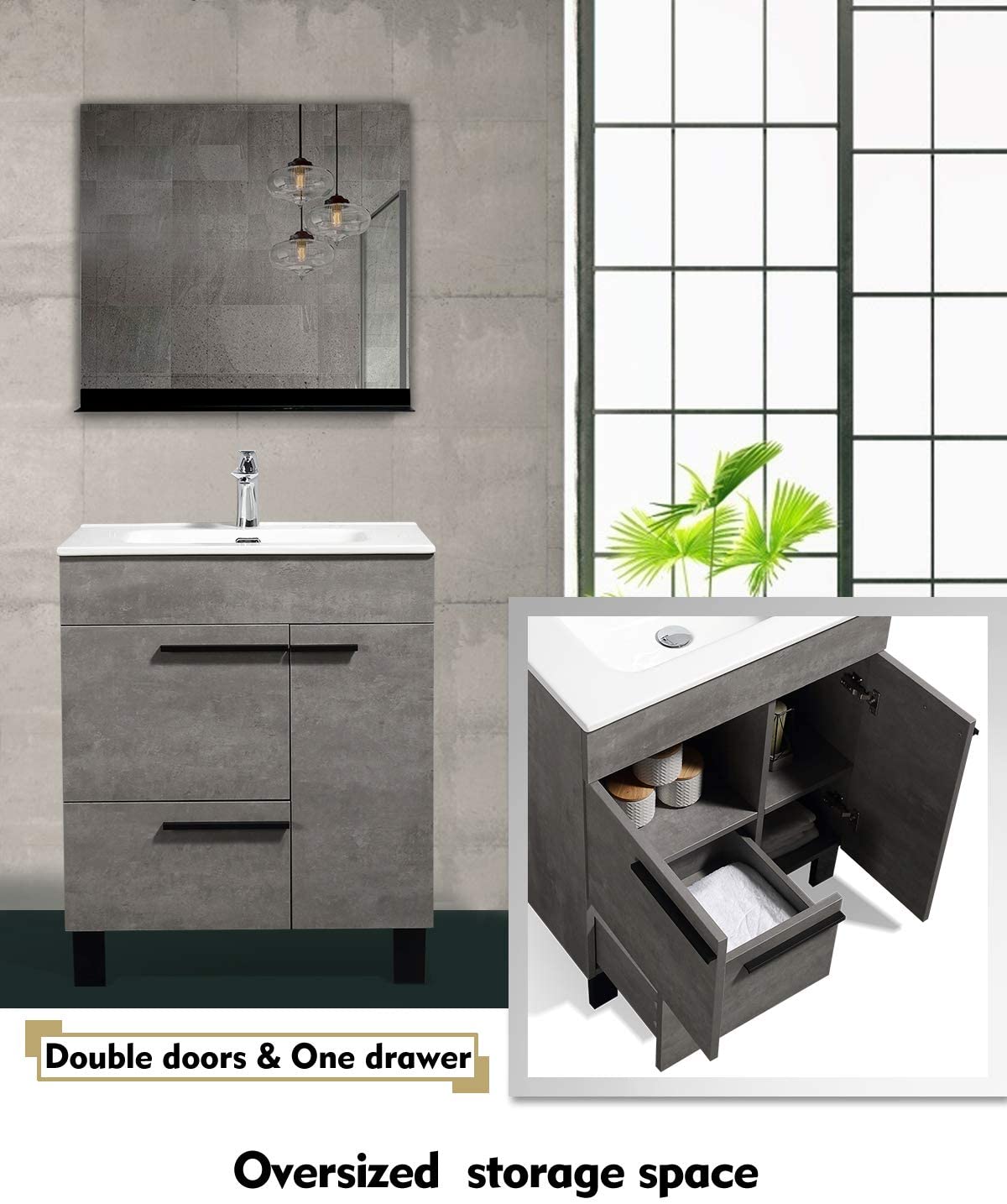 Gary-Freestanding Bathroom Vanity with Faux Marble Integrated Top&Sink