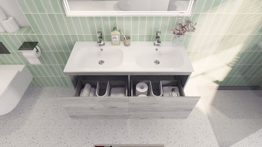AIPO 48 Inch Double Sink Wall Mounted Vanity with PVC Sink