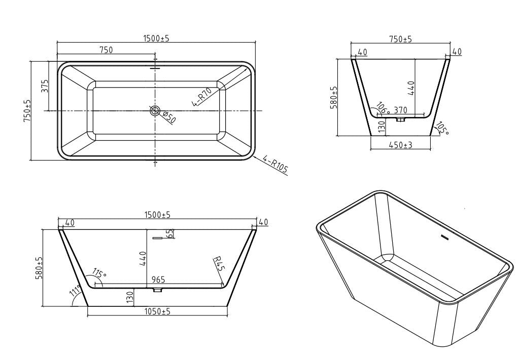 Harmony Freestanding Soaking Acrylic Bathtub  60inch*30inch