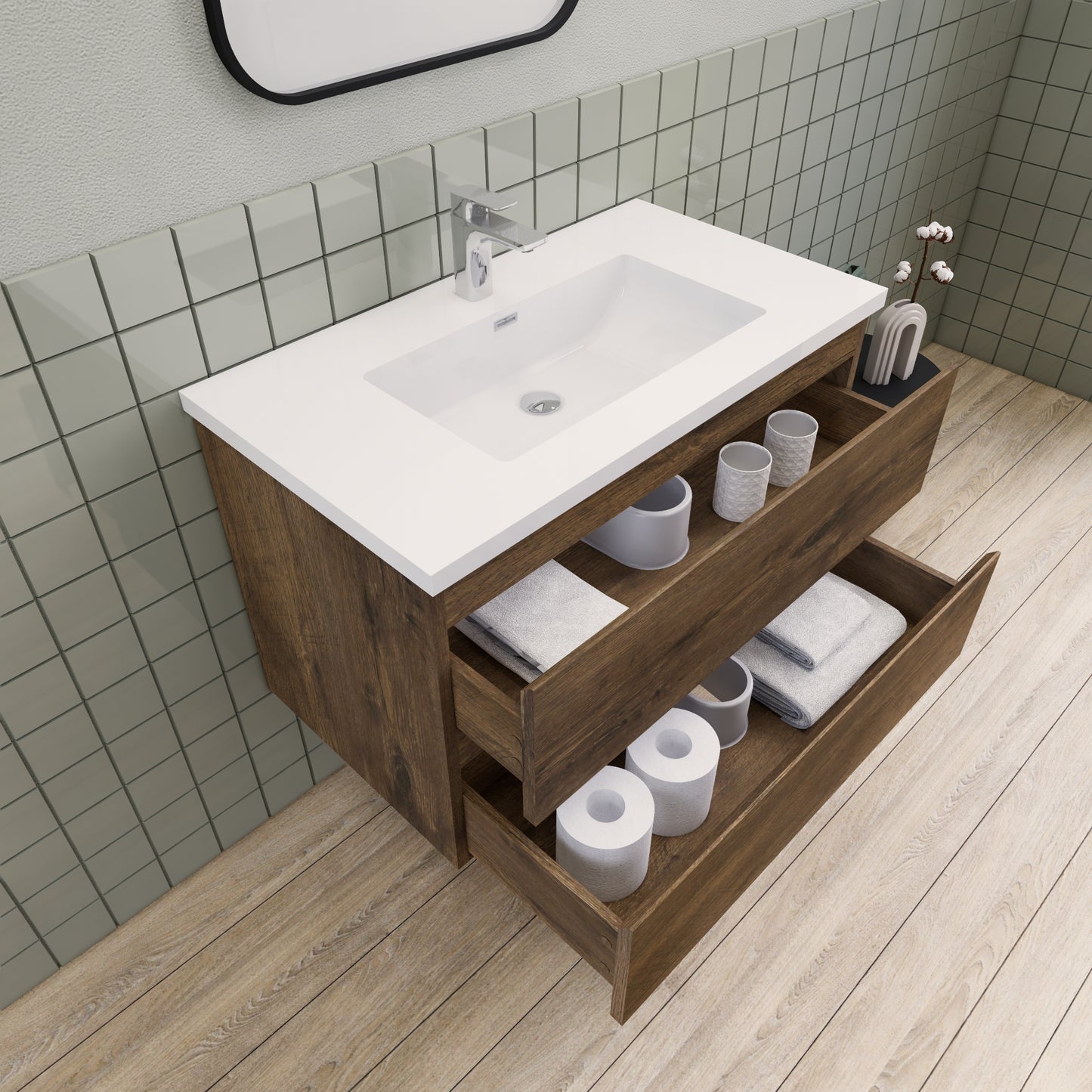 Belle-Floating Bathroom Vanity Wall Hung Vanity Unit with Faux Marble Integrated Top&Sink