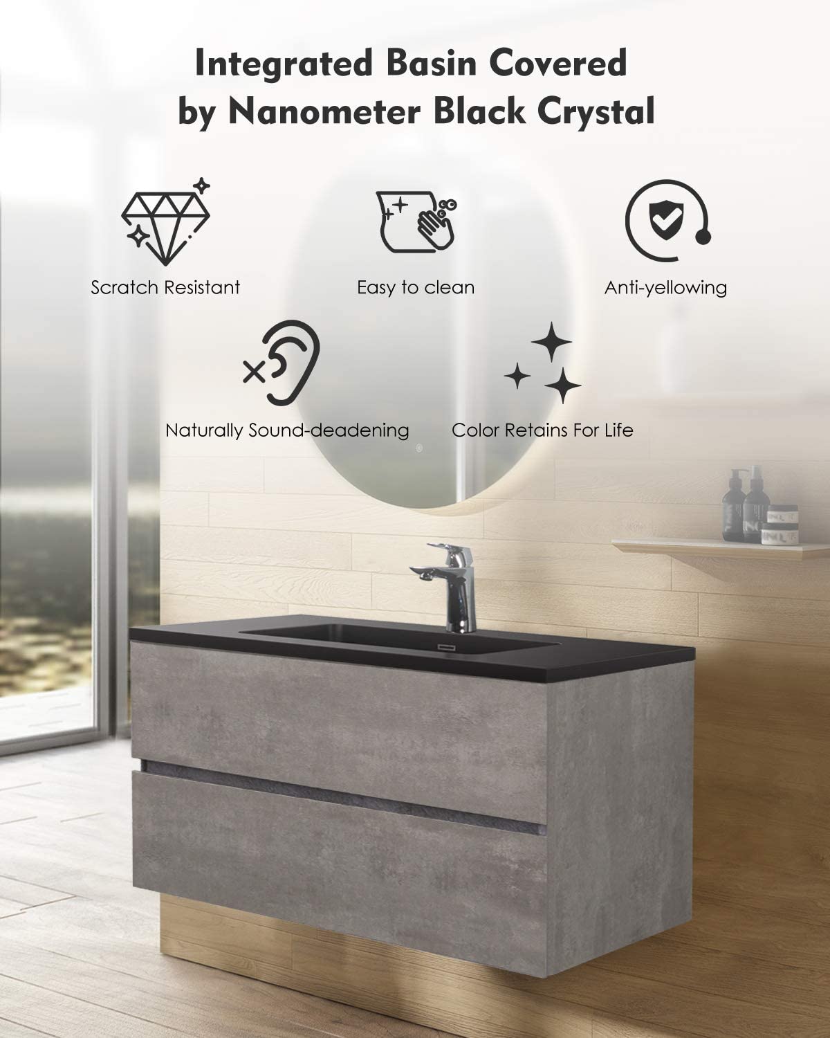 Ada-Wall Mounted Bathroom Vanity with Black Quartz Integrated Top and Sink